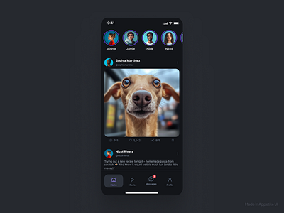 UI Design of Social Media app darkmode design likes minimalism post posts socialmedia stories story ui ux