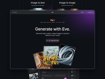 Eve - AI Image Generator Website ai ai company ai image creator ai image generator ai images ai landing page ai model ai website artificial intelligence dark dark mode generative ai image generator prompt stable diffusion text to image uranus web website design