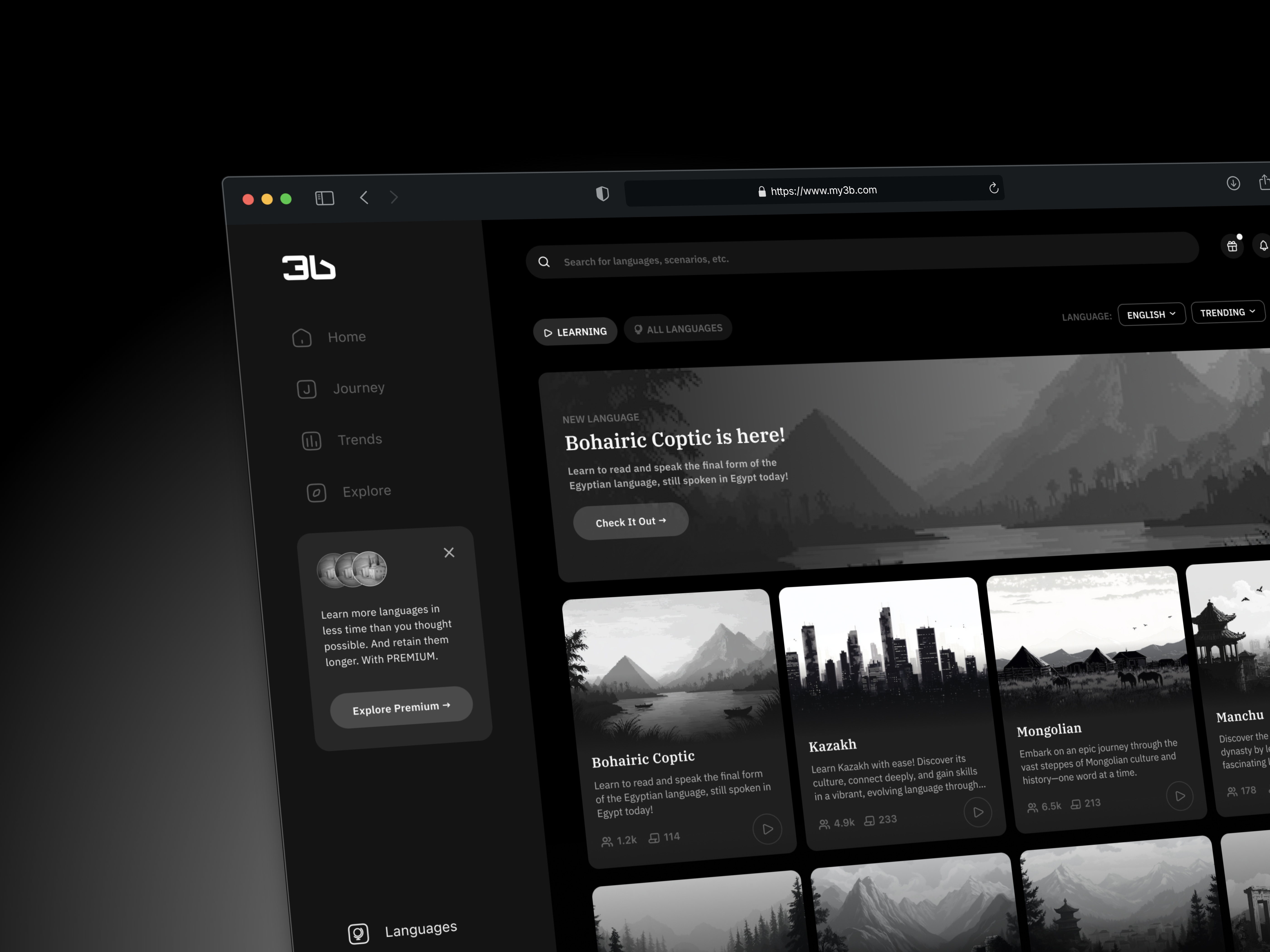 Language Learning Goes Noir ai app clean dark dashboard design desktop education language learning minimal modern product design technology ui uiux web web app web design website