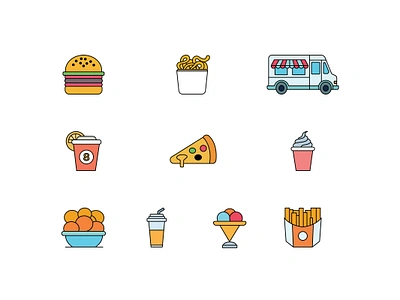 Food Icons burger colored icon culinary art digital art fastfood food art food icons food icons collection food illustration food inspiration food lovers foodie foodtruck fries graphic design ice cream icon design icon designer noodles pizza