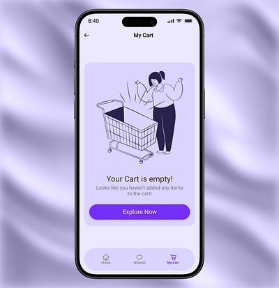 Day 16: UI Challenge: Empty Cart Screen Design add to wishlist animation application daily ui empty cart figma graphic design minimal mobile app my cart simple ui uiux visual design wishlist