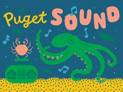 Puget SOUND animal boombox character crab dance illustration music octopus pnw postcard seattle sing sound water