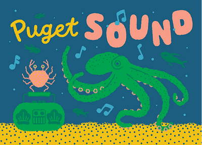 Puget SOUND animal boombox character crab dance illustration music octopus pnw postcard seattle sing sound water