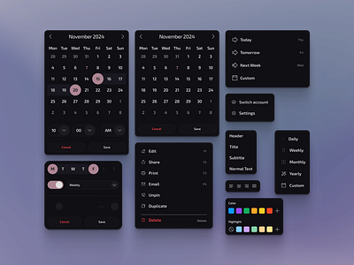 Calendar Components | UI-Kit app button calendar components dark mode dashboard design design system desktop dropdown input kit list menu minimal mobile modern nav ui website