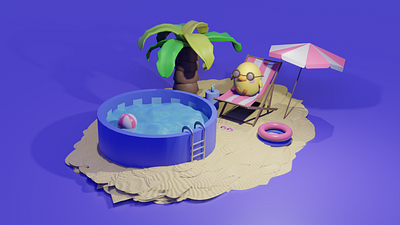 3D scene of a duck chilling near the pool on the beach 3d 3d animation 3d art 3d artist 3d beach 3d cartoon 3d character 3d designer 3d duck 3d palm 3d pool 3d scene b3d blender blender 3d cartoon style motion render simple uiux