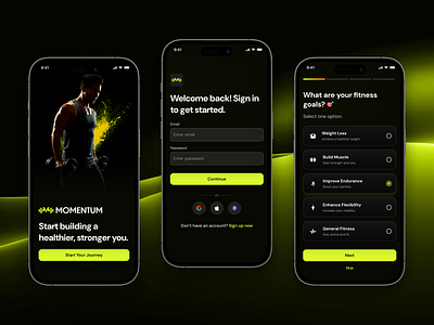 Momentum: Seamless Onboarding for Fitness Success branding dark mode design fitness fitness app graphic design login logo mobile mobile app product design signup signup flow ui uiux ux visual design