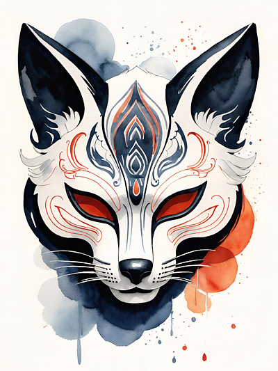 Japanese Kitsune Mask anime cosplay fox illustration japanese kitsune mask watercolor