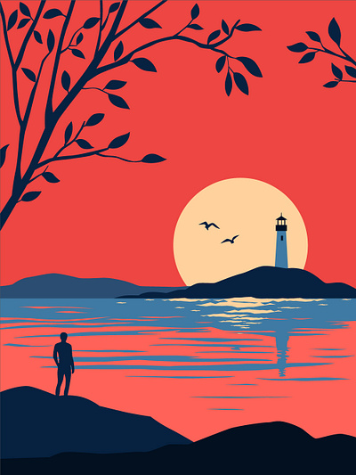 Sunset Island island landscape lighthouse lonely sunset vector