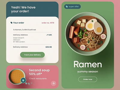 Interactive Order Tracking and Super Offer for Ramen Delivery 3d food design app functionality customer journey digital design discount offer e commerce design food app food ordering food visuals meal delivery minimalist design mobile interface modern food design order summary order tracking promotional banner restaurant delivery ui elements user experience vibrant colors