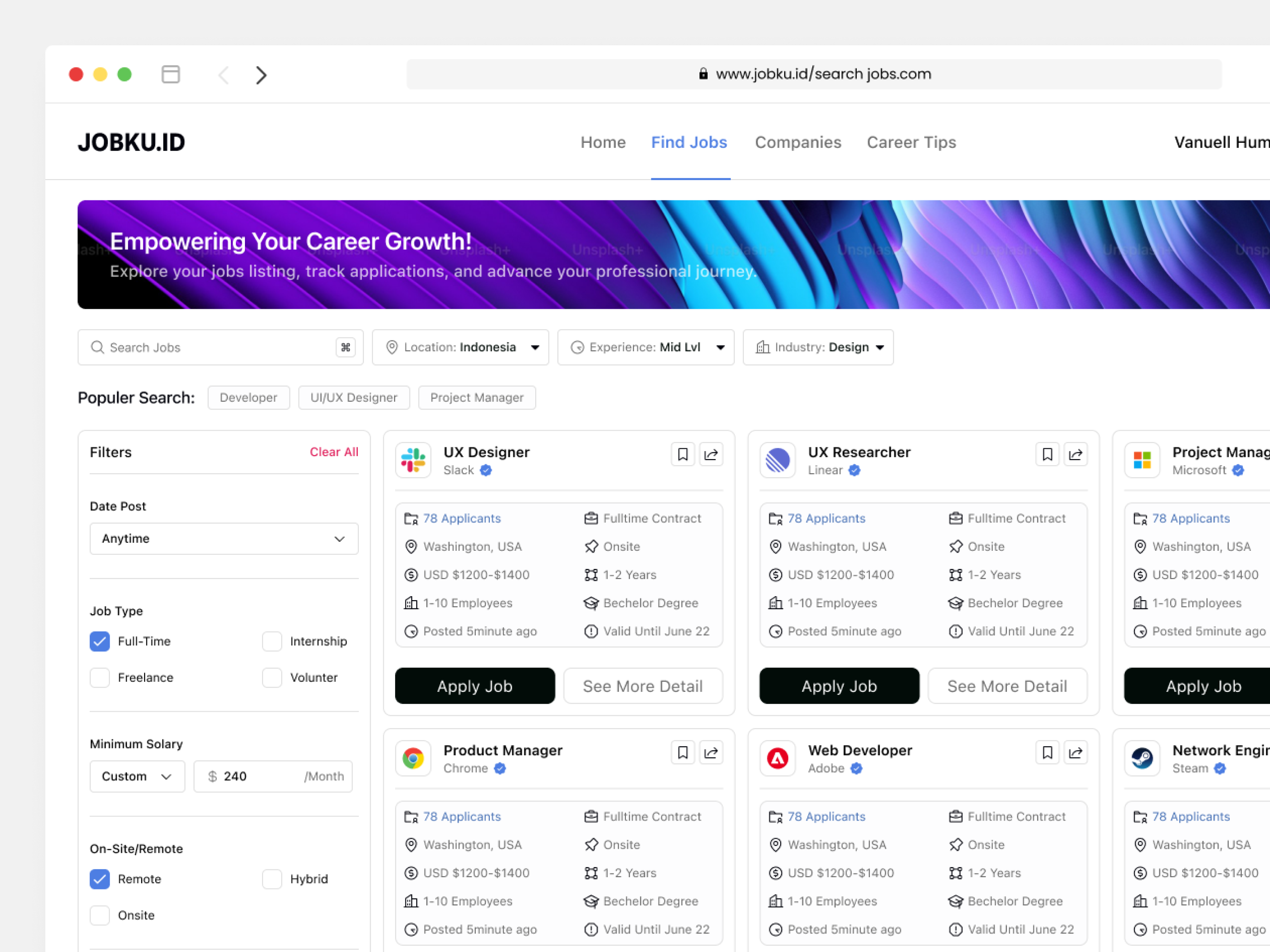 JOBKU.ID - Job Finder Dashboard clean cool dashboard design jobfinder jobfinder dashboard productdesign ui uisupply uiux ux webapp