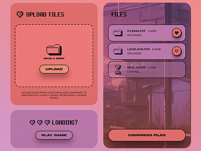 Interactive File Upload and Compression Interface Design color scheme compact layout creative design digital design file handling file management file organization file transfer game inspired design interactive ui loading animation minimalist design modern ui pixel art playful interface status indicator ui elements upload button user experience web design