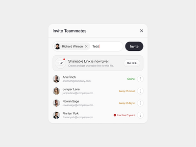 Invite User Modal 🧑🏻‍💻 clean cta design desktop form icon illustration input interface invite list minimal modal popup saas simple teammates ui user web