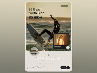 Poster: Interactive Surfing Experience Interface with Real-Time active lifestyle adventure sports beach lifestyle beach rentals booking system dynamic visuals event booking interactive design live streaming mobile interface outdoor activities premium experience real time information sports app sports branding surf report surfing events travel design user engagement weather conditions