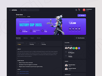 Tournament details ai branding dashboard enterprise esports game illustration landing page pepperistic players product design saas studio tournament ui users ux valorant web app website