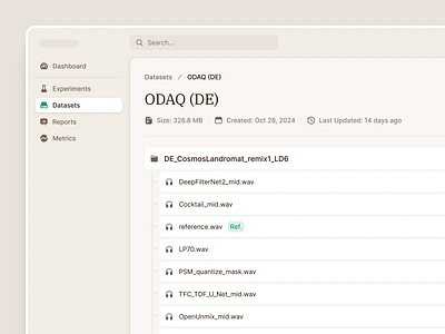 Datasets app audio dashboard dataset files folders ui ux zip