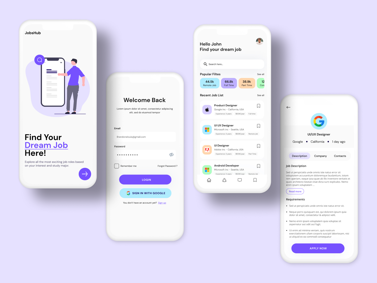 JobsHub - Job Hunting App app design figma figma shots job app job hunting job hunting app linkedin login page mobile app design mobile app ui ui ui design ui ux ui ux design ux design
