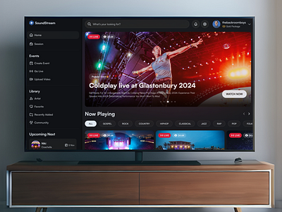 Soundstream - Streaming Concert Platform artist audio concert dark mode entertainment event streaming live concert live music music on demand real time saas service spotify veeps video music virtual web app youtube