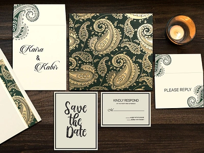 Sea Green Matte Paisley Themed - Screen Printed Wedding Card indianweddingcards