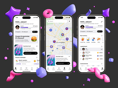 Scavenger Hunt App In-Store Challenges 3d 3d elements ar challenge design figma design fun design gamification interactive design map mobile mobile ux points system progress tracker scavenger hunt store tracker ui user engagement user interaction ux