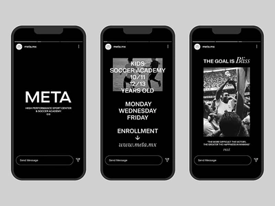 Modern and Clean Instagram Story Design for META Soccer Academy black and white design brand engagement clean layout creative advertising digital marketing dynamic design educational marketing event promotion fitness branding instagram marketing mobile ads mobile interface modern visuals online branding sleek design soccer promotion sports branding sports promotion typography design youth sports