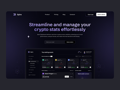 Spire home page crypto dark design flat hero home landing layo page platform studio subscribe ui ux website