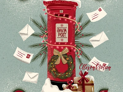 Frosty and Festive Seasons Greetings christmas greeting card christmas letters design drawing challenge female illustrator frosty and festive hand drawn hand lettering illustration procreate red postbox santa post seasons greetings snail mail