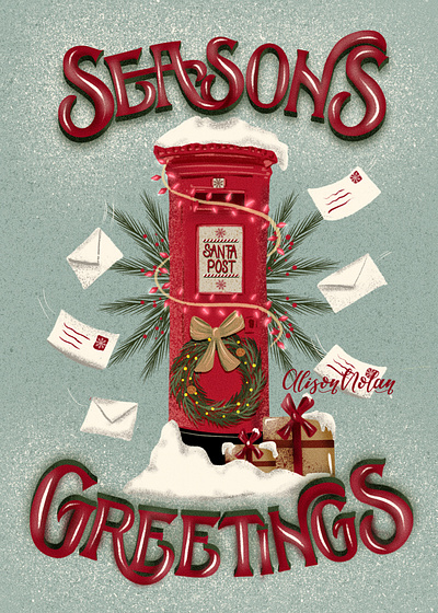 Frosty and Festive Seasons Greetings christmas greeting card christmas letters design drawing challenge female illustrator frosty and festive hand drawn hand lettering illustration procreate red postbox santa post seasons greetings snail mail