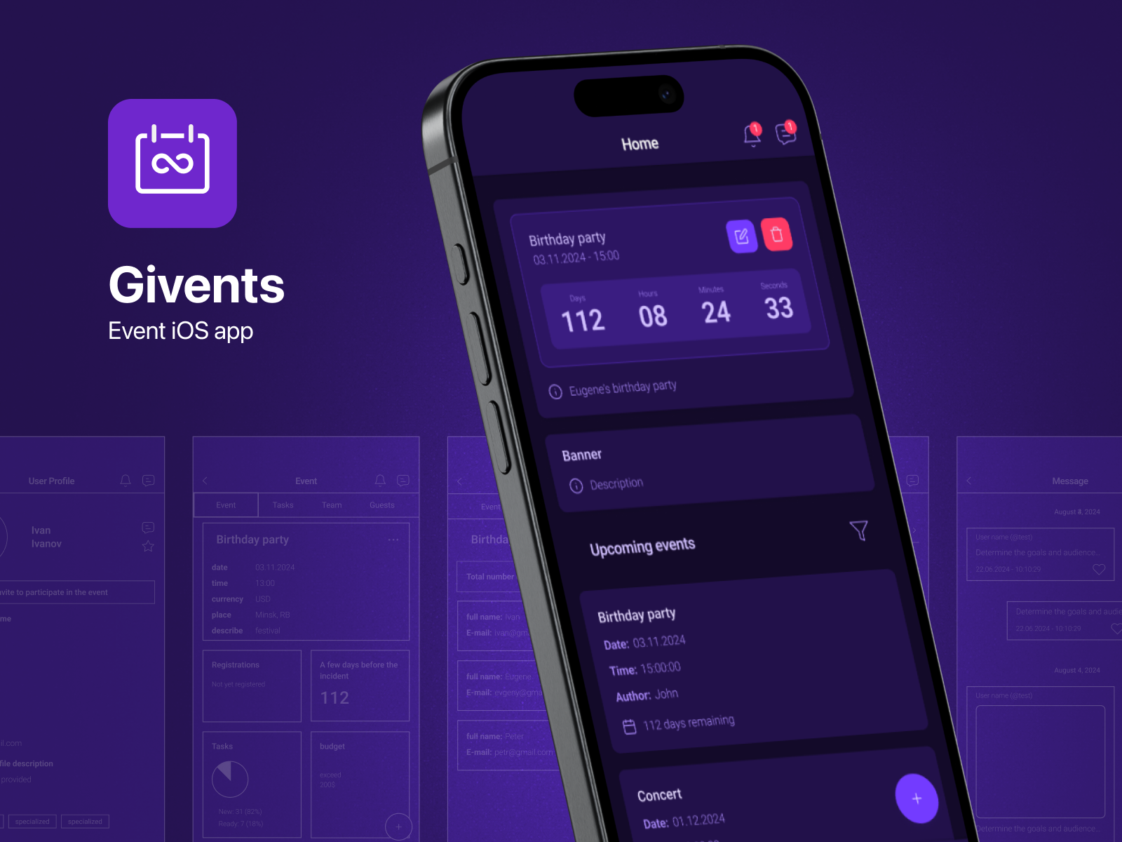 Givents Organizer - Event Management Platform - iOS App app branding dark theme design event event app flat flat ui ios ios app iphone mobile mobile app organizer ui