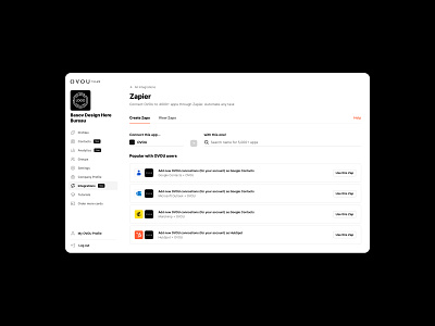 Integrations Zapier page. Team Dashboard OVOU for Teams NFC card add to contact card for teams contact sharing contacts list corporate profile dashboard dashboard design digital business card ecommerce integrations nfc card nfc team cards ovou share contact smart digital business card team cards template ui web zapier