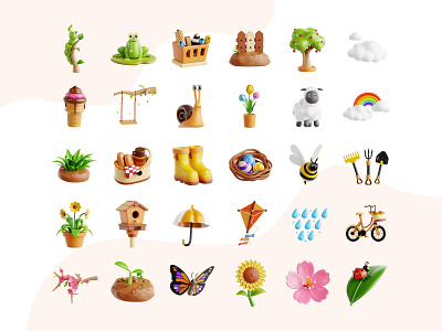 Spring 3D Icon Pack 3d 3d icon animal bird clean eklip studio elements garden tools gardening icon pack icons illustration nature rainbow spring summer ui