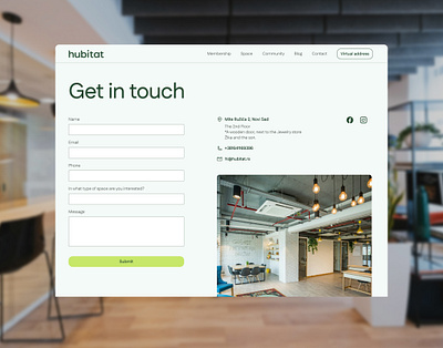 Contact Page big typography common area contact page coworking elegant fresh green palette inspiration laxury modern office space responsive design simple ui web design with photo