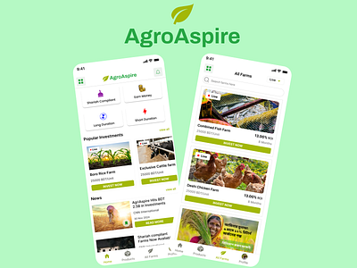 AgroAspire: Empowering Farmers and Investors dribbble shots farming app figma mobile app modern design uiux design