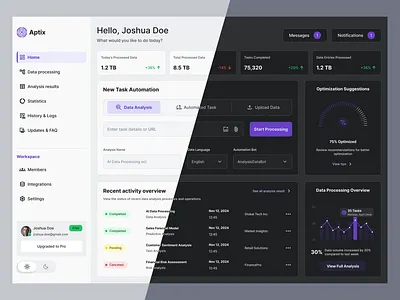 Aptix AI Dashboard — Data Processing & Automation appdesign automation branding dark mode darkmodeui dashboard design data management design graphic design illustration light mode logo minimalism ui ux vector web design web platform