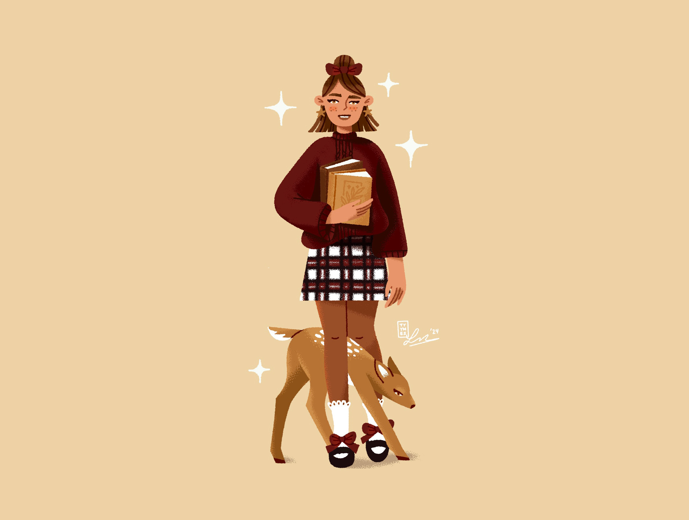 Shy fawn & a bookworm autumn beautiful books bookworm character childrenbook deer design digital dream fantasy fawn girl illustration minimal outfit procreate