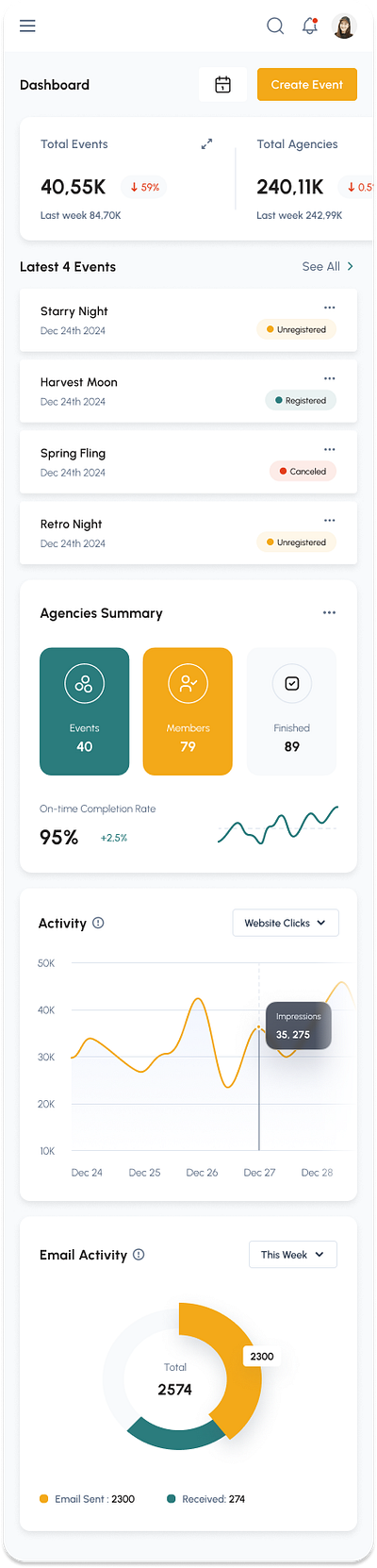 Mobile Event Dashboard app design control panel design figma illustration product design ui ui design ux design