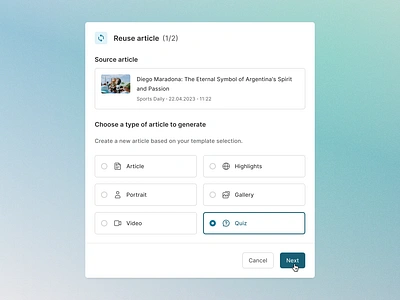 Creating quizzes based on an article ai article contextual create editor generate generation minimal modal newsroom quiz reusing simple source step steps tool ui ux