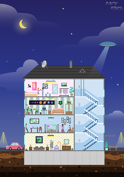 Night activity characters europe europe night flat flat style graphic design house illustration illustration design night night activity poster poster art ufo ui