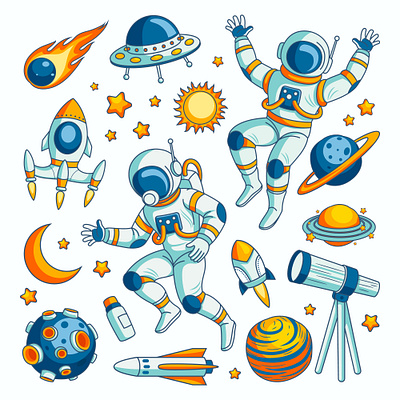 Astronaut elements design astronaut cute design elements flat design galaxy handrawn icon moon plane planets rocket space star sun vector