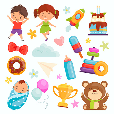 Cute elements for kids baby balloon bear cloud colorful cute donuts elements flower heart ice cream kids love paper plane rocket star tart toys trophy vector