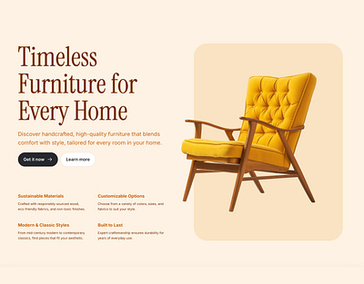 Landing page website hero section for Framer - Frameblox UI chair cta ecommerce features furniture header hero orange sans serif shop ui yellow