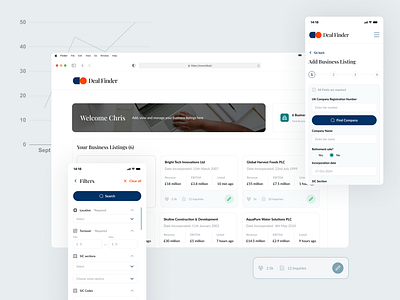 Business listings addition process business design business listings business platform business sale clean design dark blue dashboard desktop filters form inputs interface list of cards mobile adaptation responsive design search ui ux web design