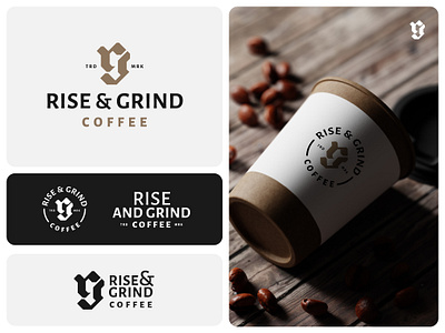 Rise & Grind Coffee Logo Design blackletter book store cafe café calligraphy coffee coffee logo coffee shop fraktur grind lettering lettermark monogram retro rg rg monogram rise traditional type design typography