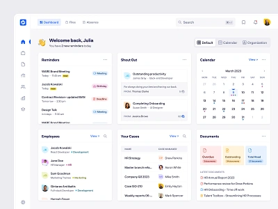 HR Management - Dashboard calendar cards clean dashboard documents employees home screen hr management minimal navigation platform playful product design reminders saas ui components ui ux user interface web app widgets