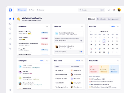 HR Management - Dashboard calendar cards clean dashboard documents employees home screen hr management minimal navigation platform playful product design reminders saas ui components ui ux user interface web app widgets