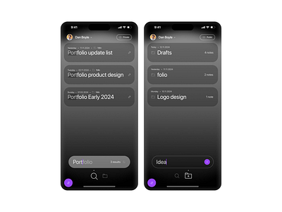 Notes app. Search and Add new folder screens. app app design clean clean design dark ui design grafician minimalist notes app product design product designer romania ui ui design ui designer uiux ux