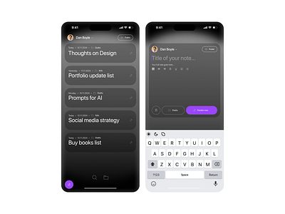 Notes app. List of notes and Add new note screens. add note app design app designer clean clean design dark ui grafician minimalist notes notes app product design product designer romania ui ui design ui designer uiux uxui