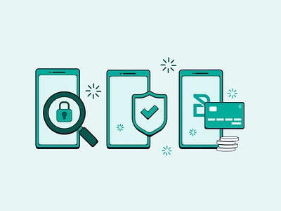 In App Mobile Illustrations banking credit card digital bank digital banking illustration illustrator kyc illustration magnifier mobile bank illustration mobile bank security mobile phone illustration shield turquoise