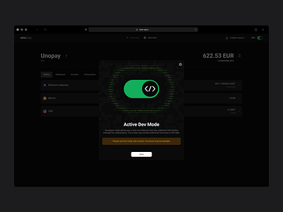 Active Dev Mode Popup for Unopay animation app ui ux web