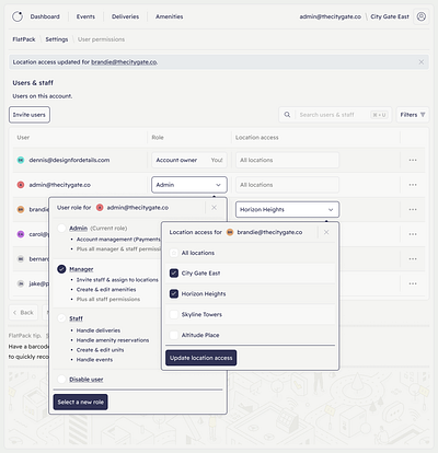 FlatPack User Permissions permissions residential roles saas settings ui users ux webapp