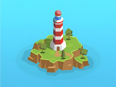 Lighthouse in flat 3d style 3d blue design earth flat graphic green illustration island light lighthouse pseudo 3d red tree water